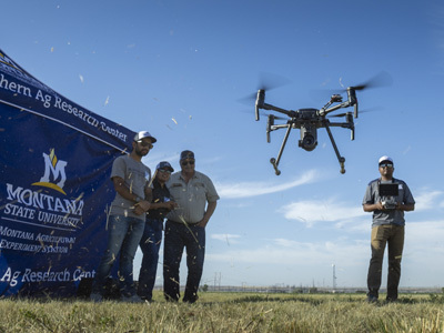 Three people watching a fourth person fly a four-rotor drone. They are in a grassy field with blue sky behind them.